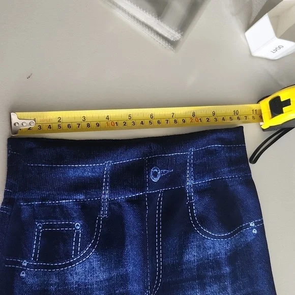 Womens Leggings Large Stretchy Blue Denim-Look Faux Pockets White Stitching - Picture 7 of 8